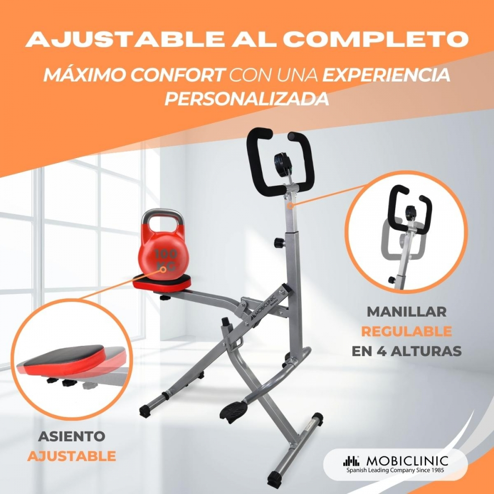 Máquina de ejercicio para el hogar con asiento y manillar ajustables y peso rojo.