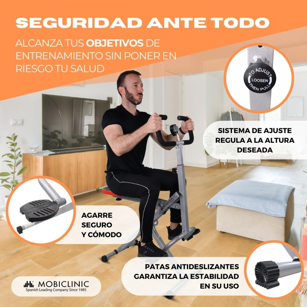 Hombre en máquina de gimnasio en casa, anunciada para entrenamientos.