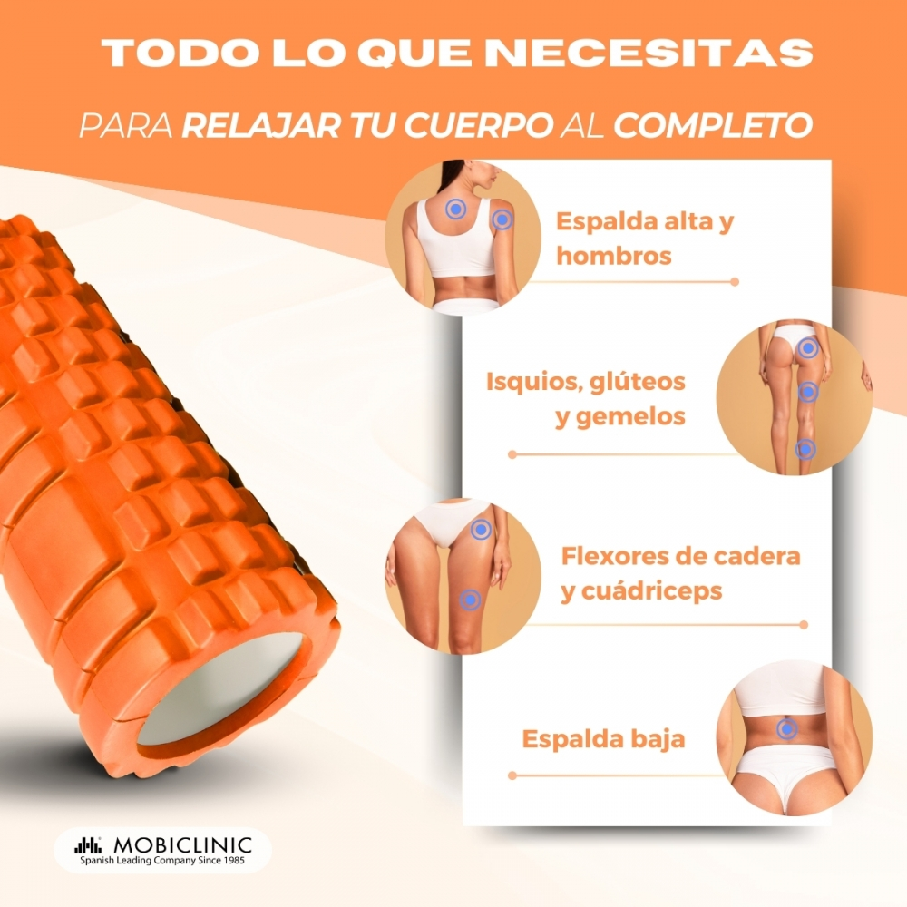 Rodillo naranja de espuma con partes del cuerpo para relajación, ej. espalda, hombros.