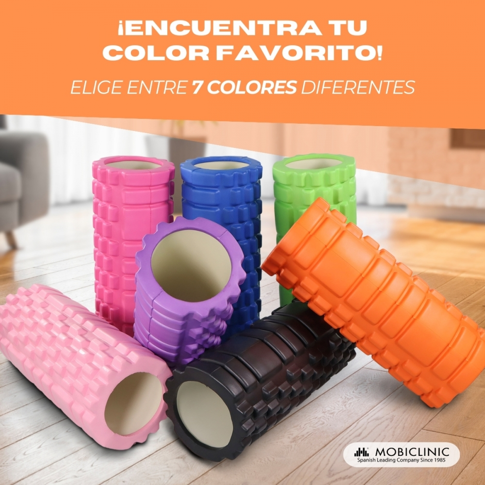 Rodillos de espuma en rosa, morado, azul, verde, naranja y negro.