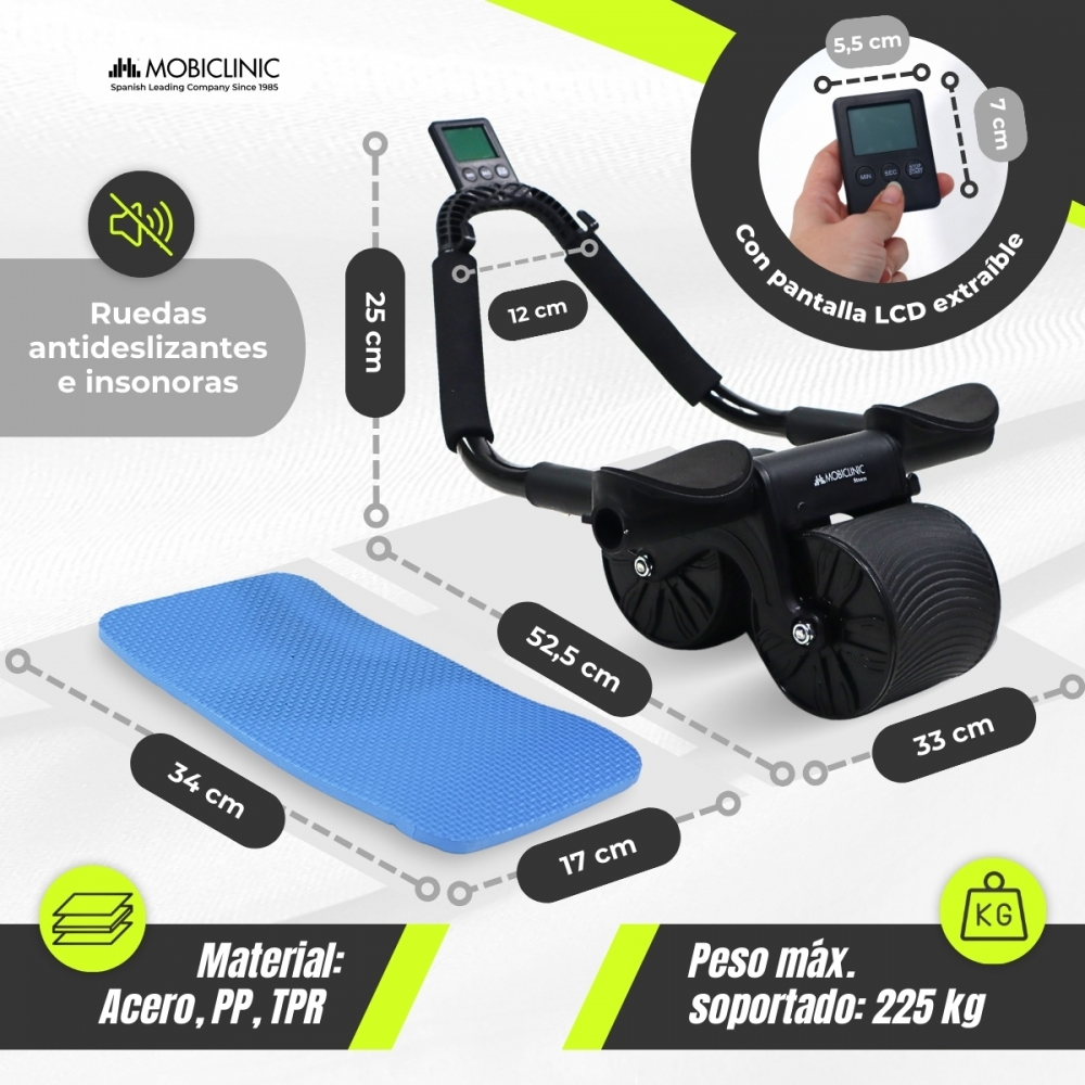Un rodillo abdominal negro con una esterilla azul. Se muestran medidas y logo.