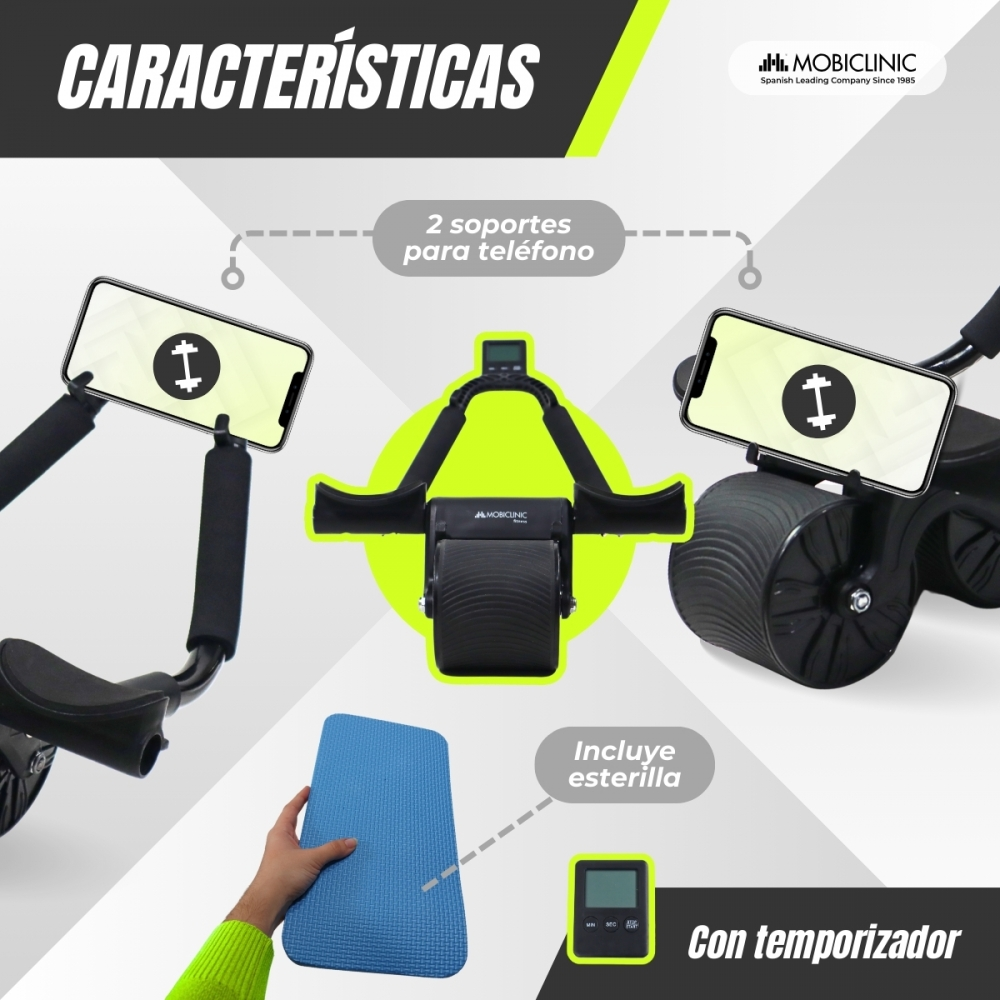 Dispositivo de fitness con soportes para teléfono, alfombrilla y temporizador.