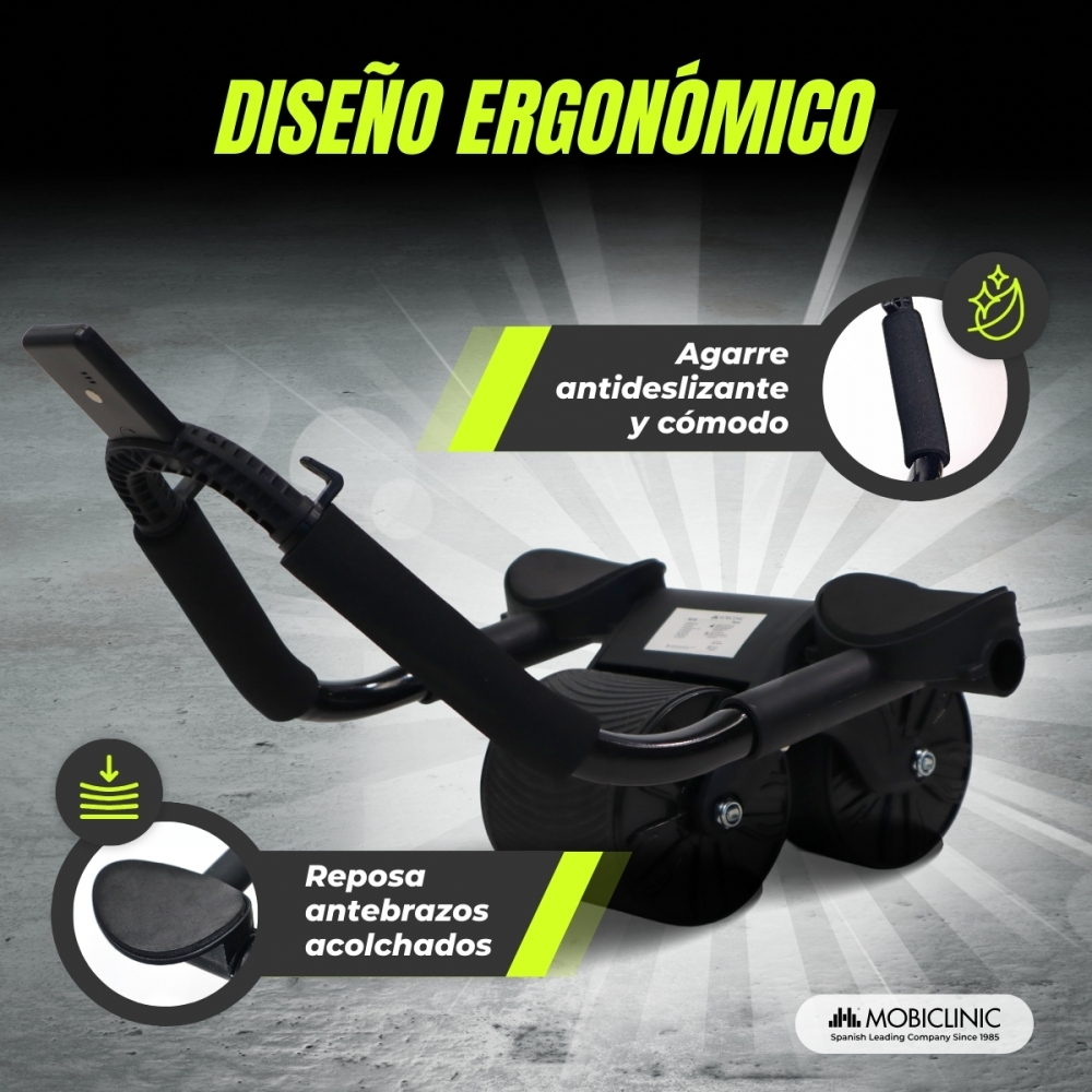 Diseño ergonómico: Equipo de ejercicio negro con reposabrazos acolchados y agarre antideslizante.