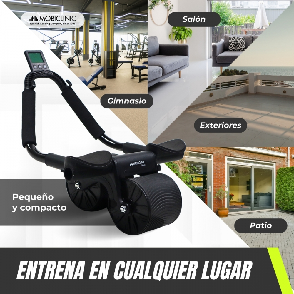 Máquina negra para abdominales con ruedas y mangos, rodeada de imágenes de varios lugares.