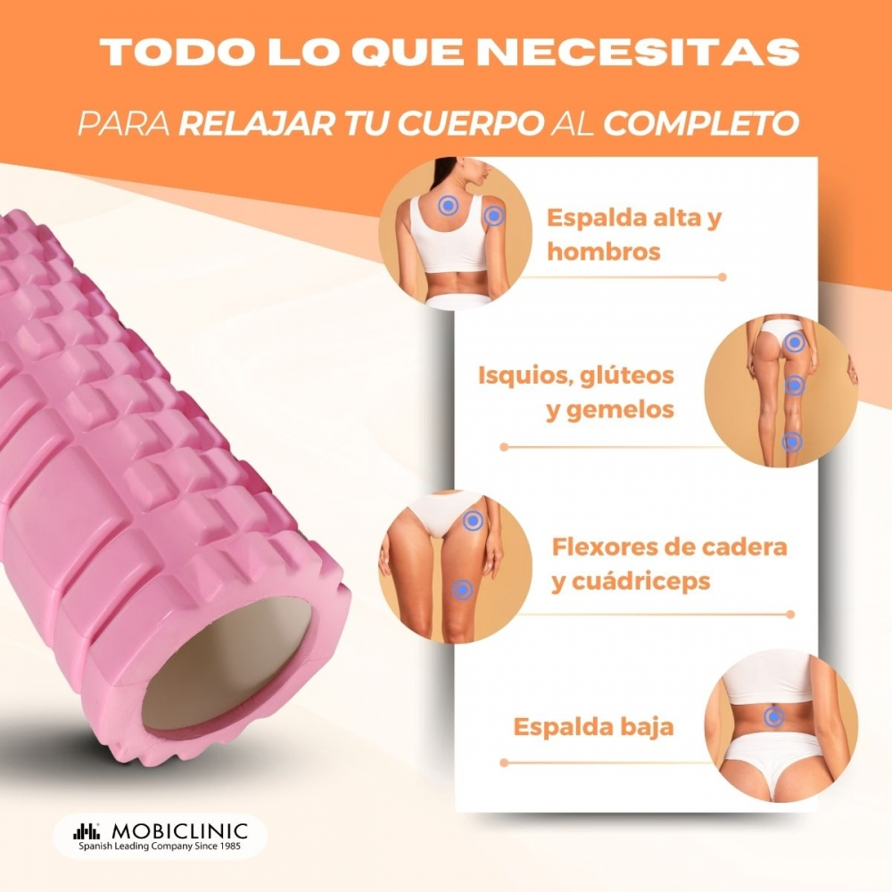 Un rodillo de espuma rosa para entrenamiento corporal, con imágenes de partes del cuerpo.