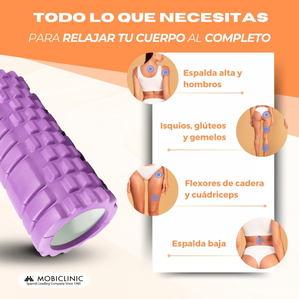 Rodillo de espuma morado con imágenes de partes del cuerpo para relajación.