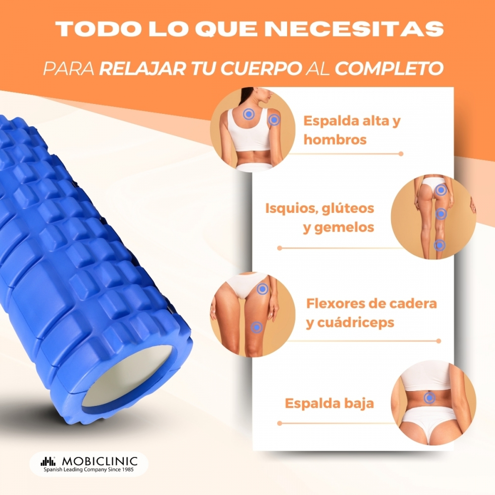 Rodillo de espuma azul con partes del cuerpo y texto para relajación.