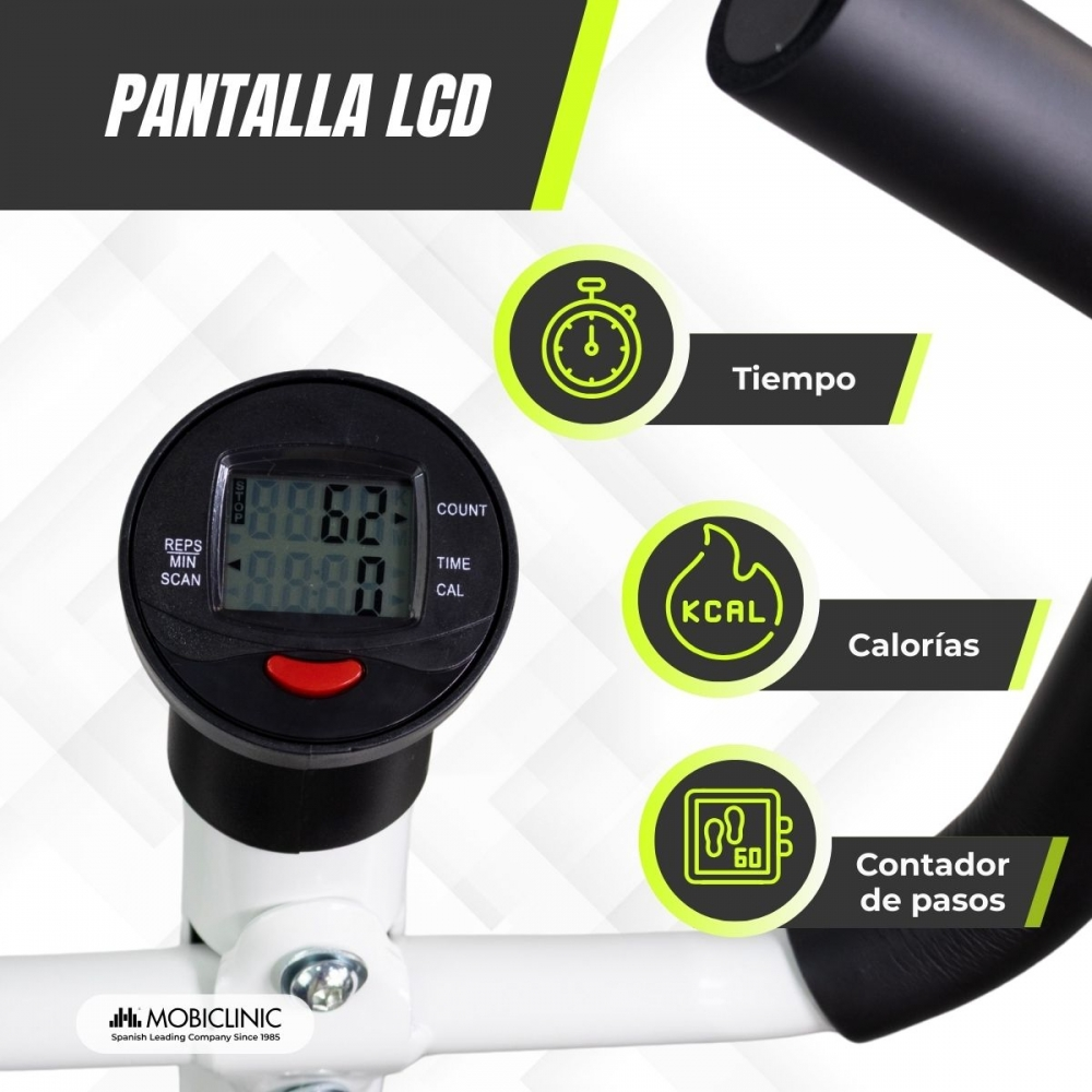 Pantalla LCD de bicicleta estática muestra tiempo, calorías y pasos.