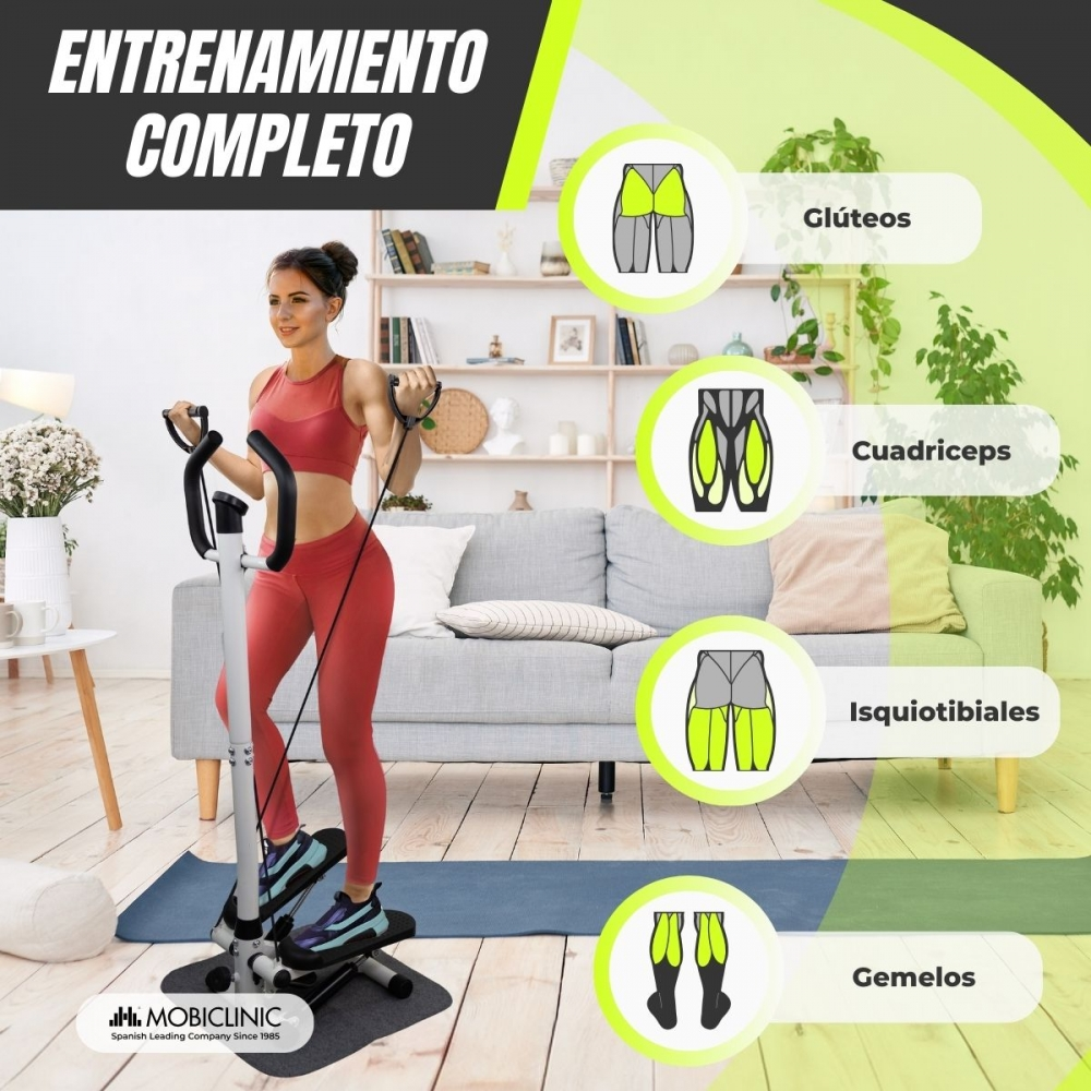 Mujer ejercitando piernas en stepper, con diagramas musculares de glúteos, cuádriceps, isquiotibiales, gemelos.