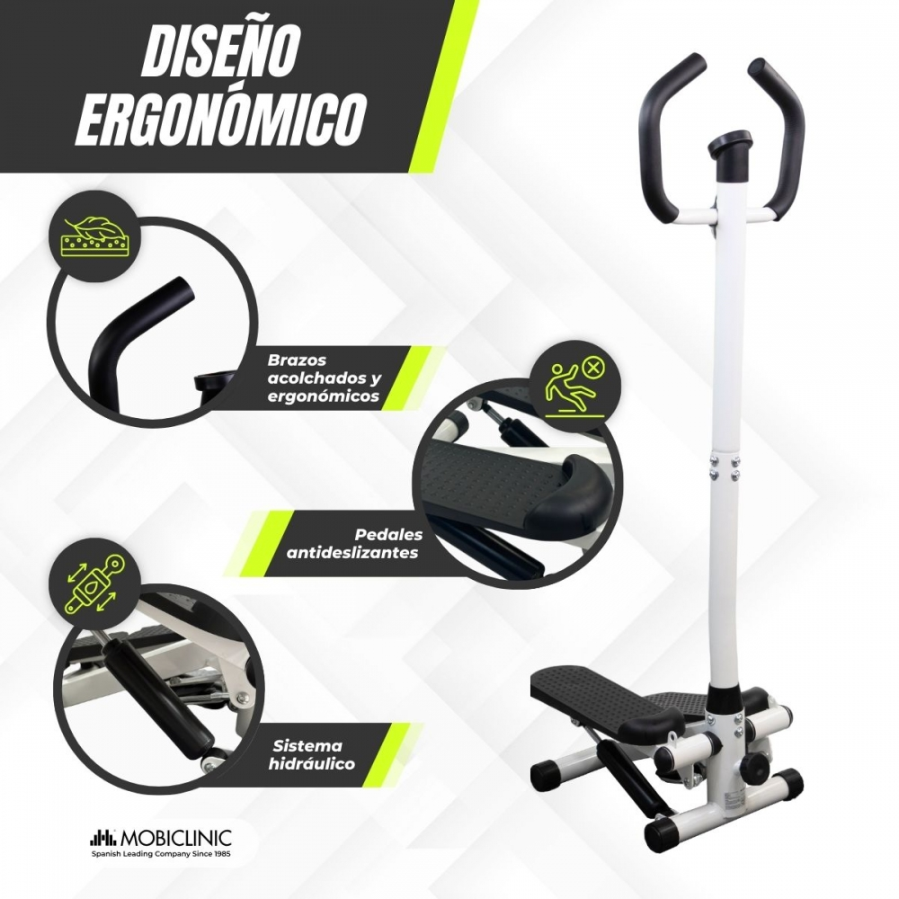 Máquina de ejercicio ergonómica con mangos acolchados y pedales antideslizantes.