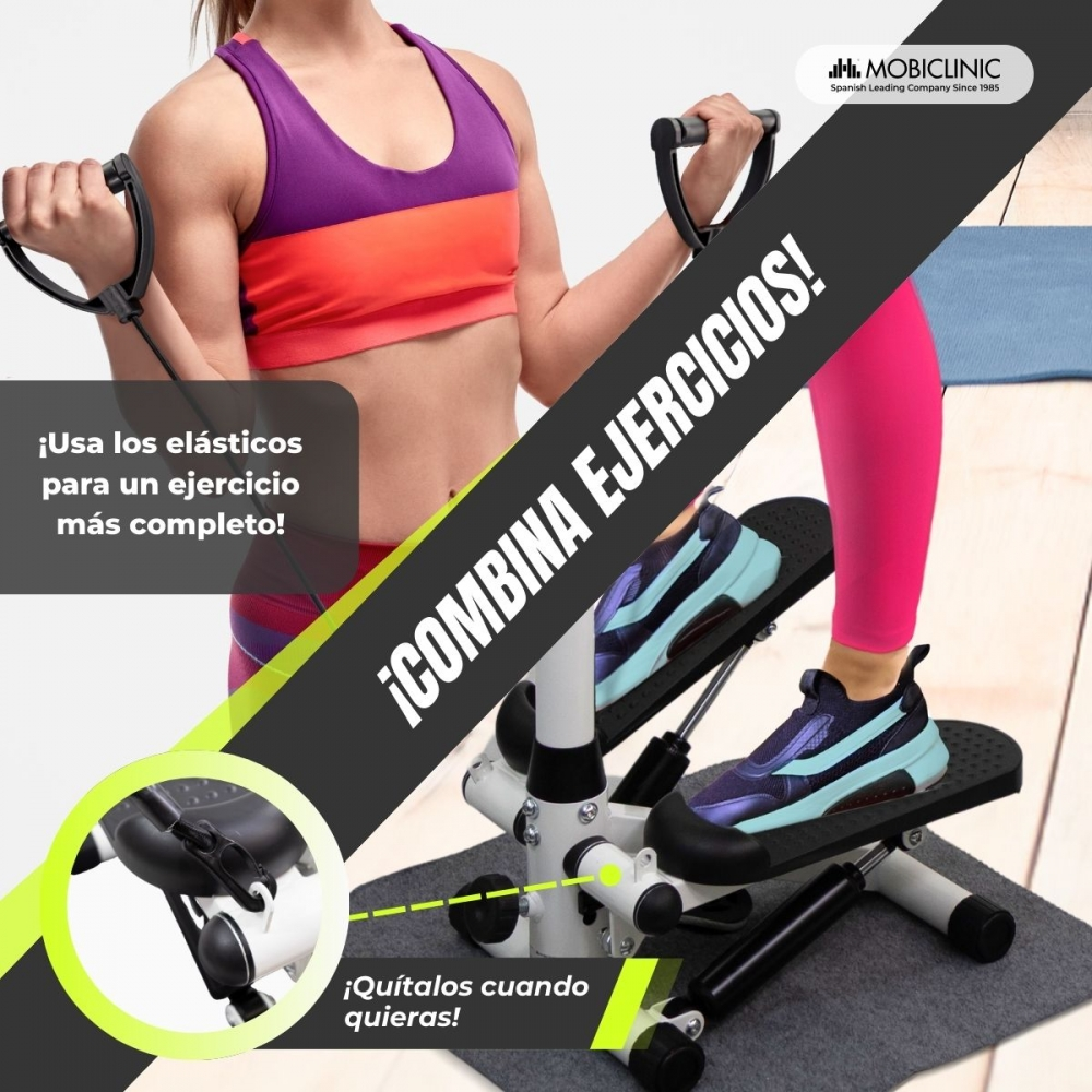 Una mujer se ejercita con un stepper y bandas de resistencia. Gráfico muestra uso.