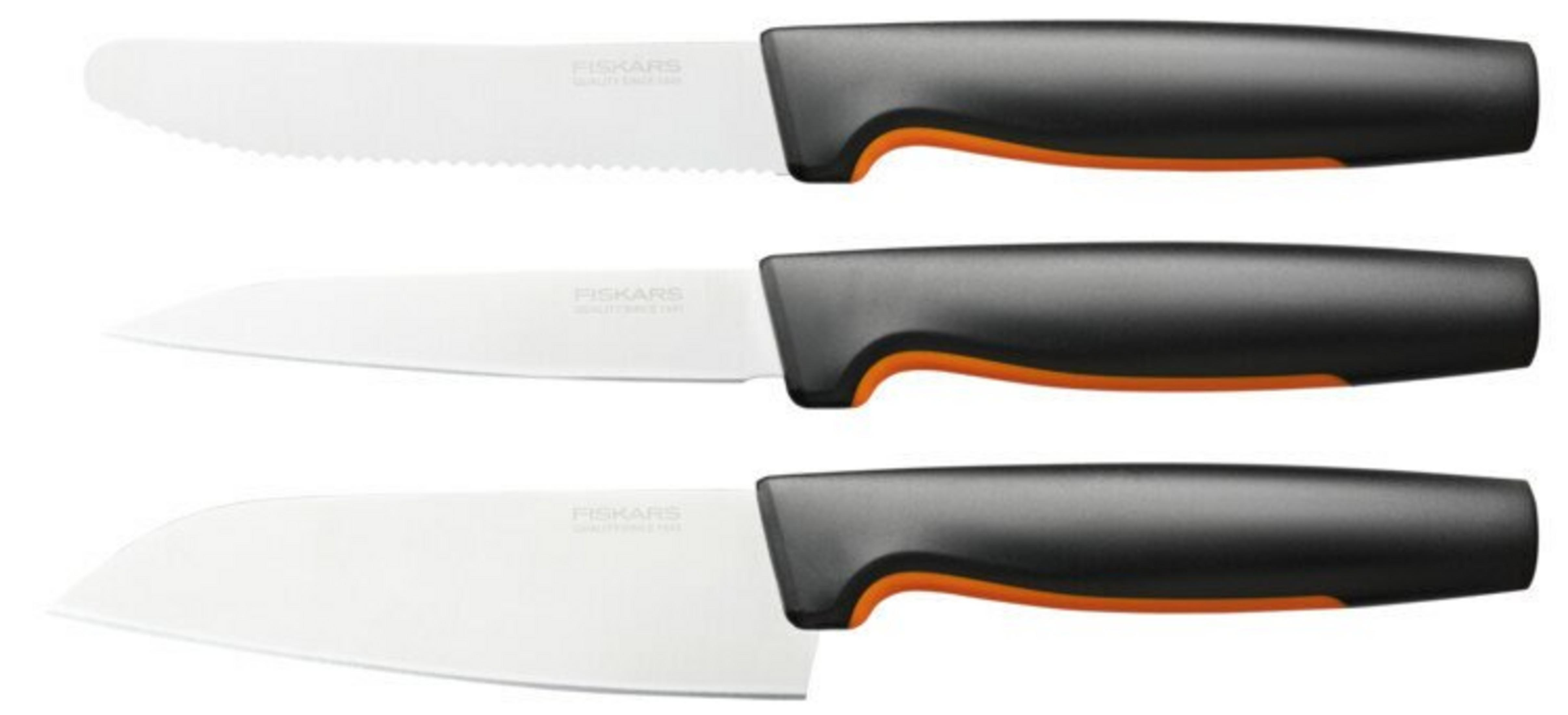 Trzy noże z czarnymi rękojeściami i pomarańczowymi akcentami na białym tle.