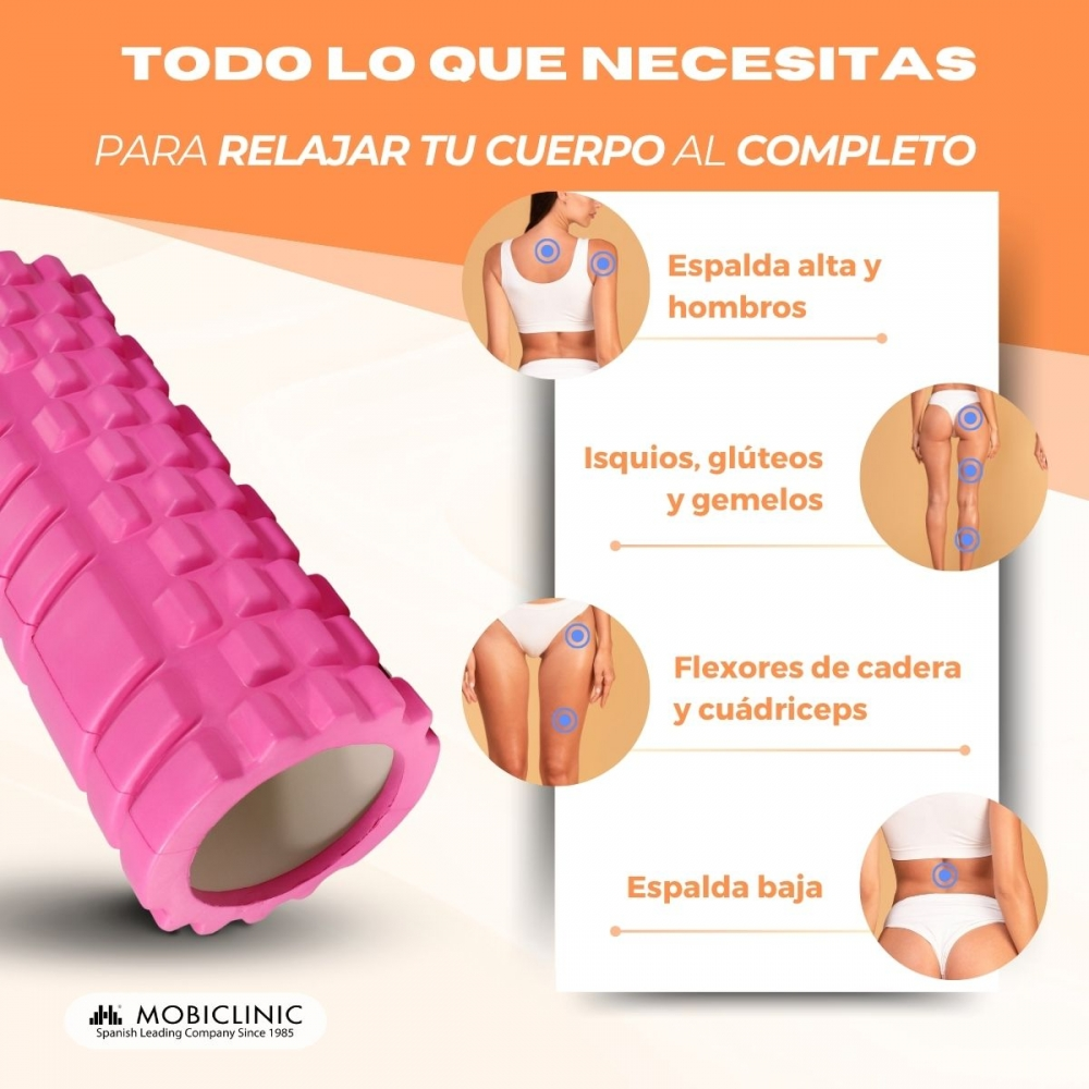 Rodillo de espuma rosa y partes del cuerpo para relajación.