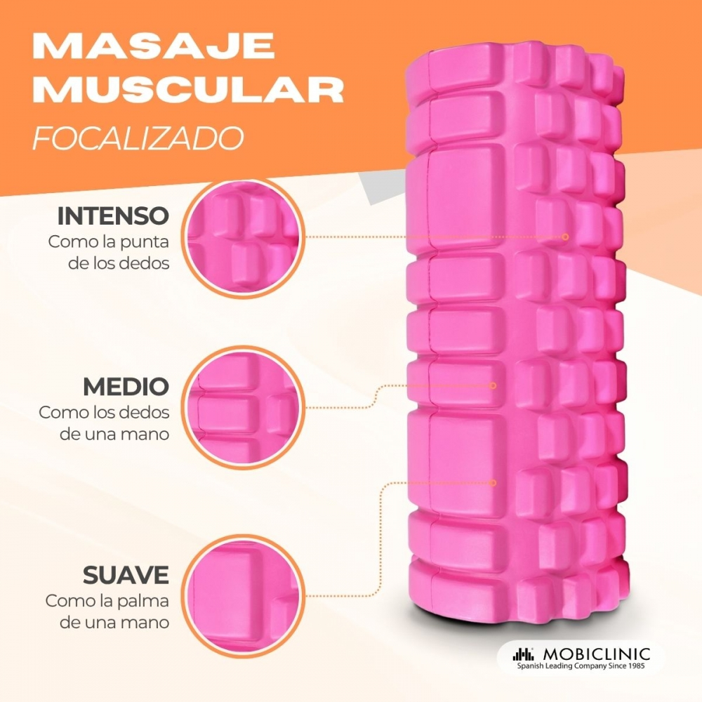 Un rodillo de masaje rosa con texto y círculos que muestran la intensidad.
