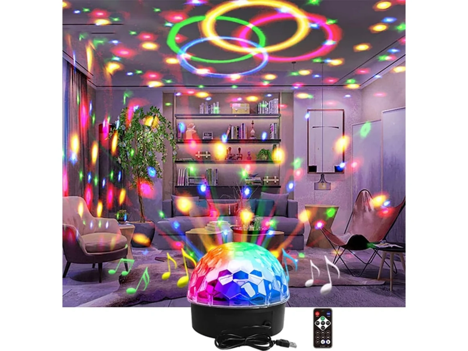 Eine bunte Discokugel-Lampe beleuchtet ein Wohnzimmer mit Lichtern und Musiknoten.