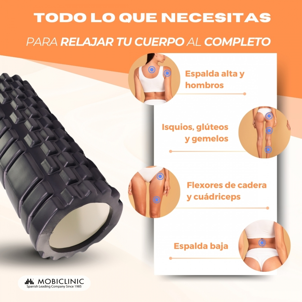 Un rodillo de masaje negro con gráficos que muestran partes del cuerpo para relajar.