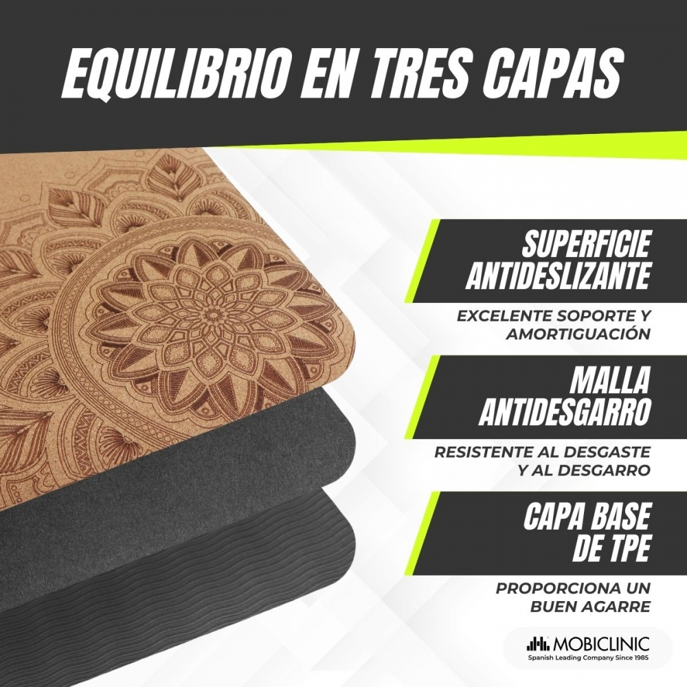 Una esterilla de yoga de tres capas, la superior es marrón con un patrón de mandala.