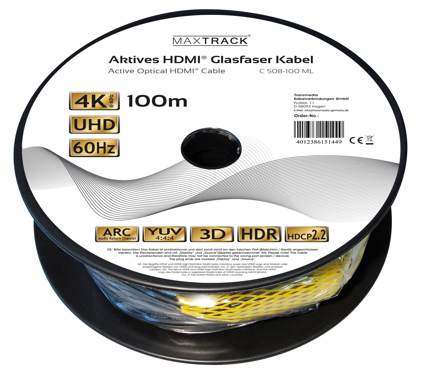 Maxtrack 100m 4K UHD 60Hz aktives Glasfaserkabel mit HDMI, ARC, YUV, 3D, HDR, HDCP2.2.