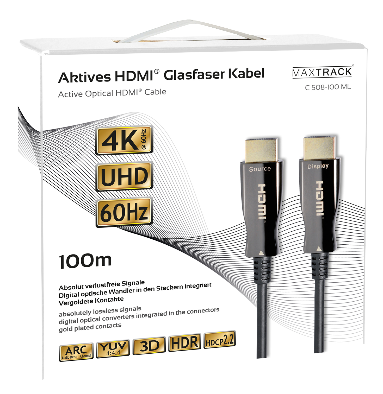 Verpackung eines aktiven HDMI-Glasfaserkabels, 100m, 4K UHD, 60Hz.