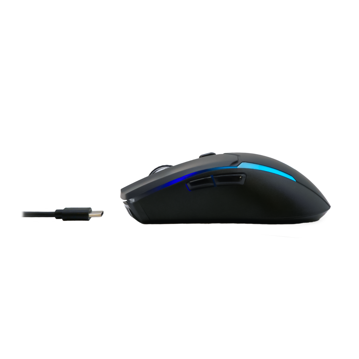 Ratón gaming negro con iluminación LED azul y cable USB-C.