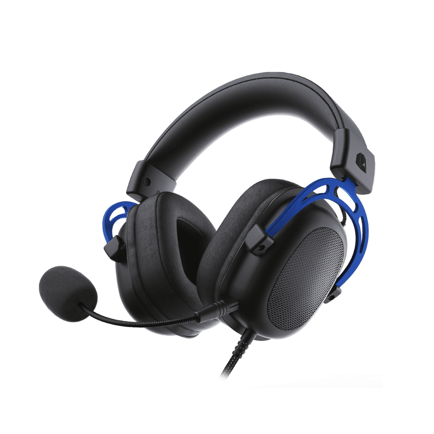 Auriculares negros con detalles azules y micrófono sobre fondo blanco.