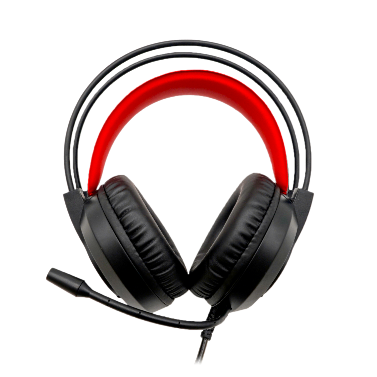 Auriculares negros con diadema roja y micrófono sobre fondo negro.