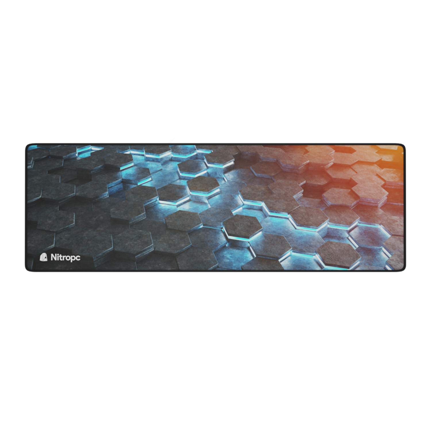 Una textura hexagonal gris con luz azul y el logo de Nitro pc.