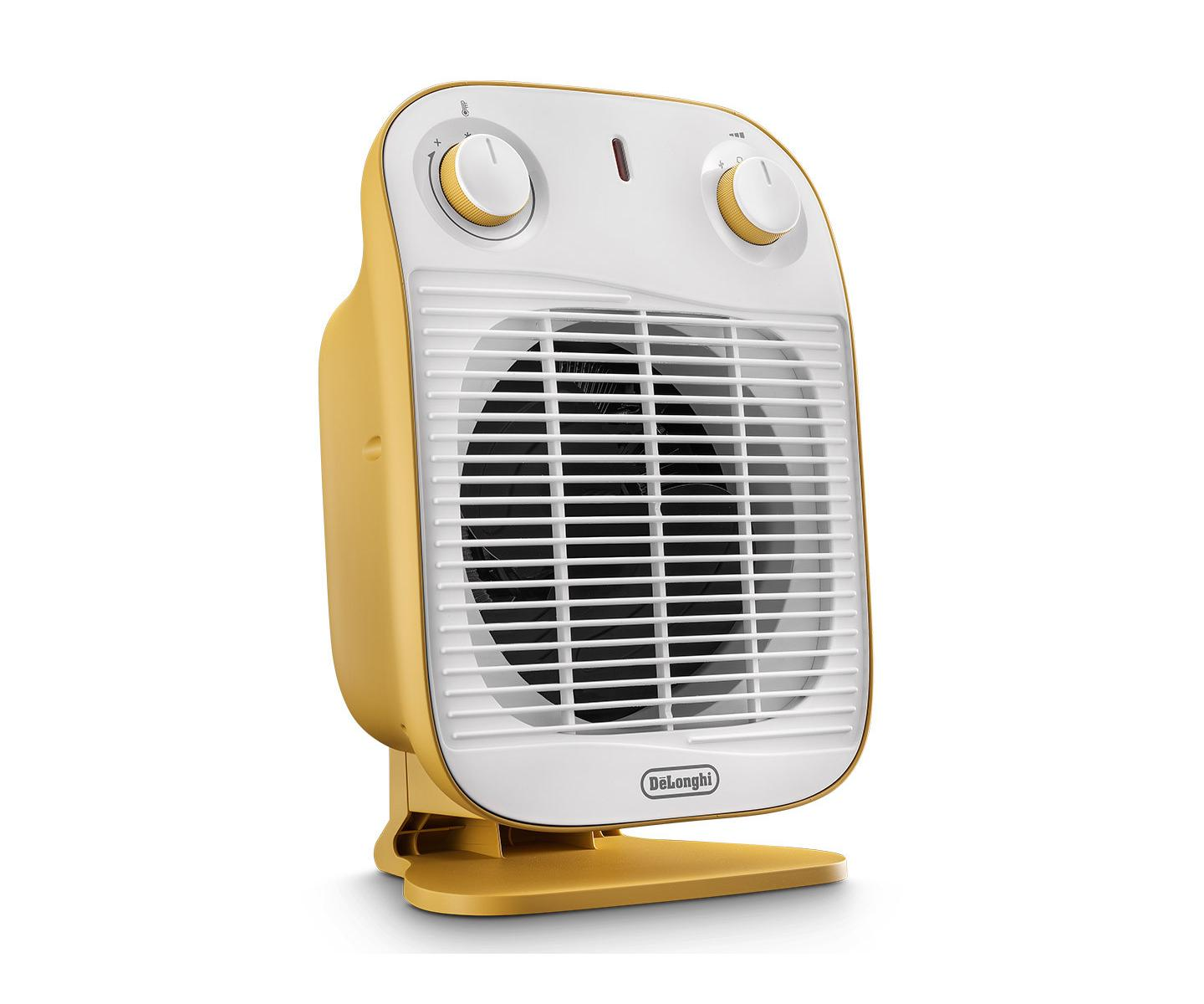 Ventilatore giallo e bianco con manopole di controllo e griglia.