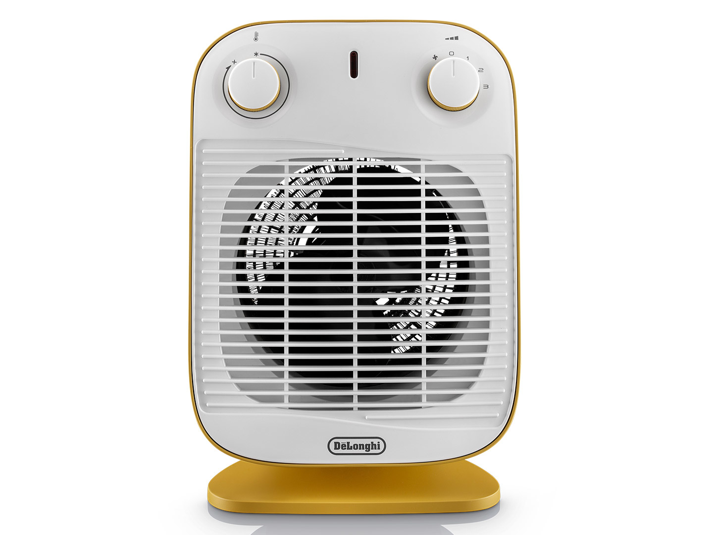 Una stufetta a ventilatore bianca e gialla con griglia e manopole.