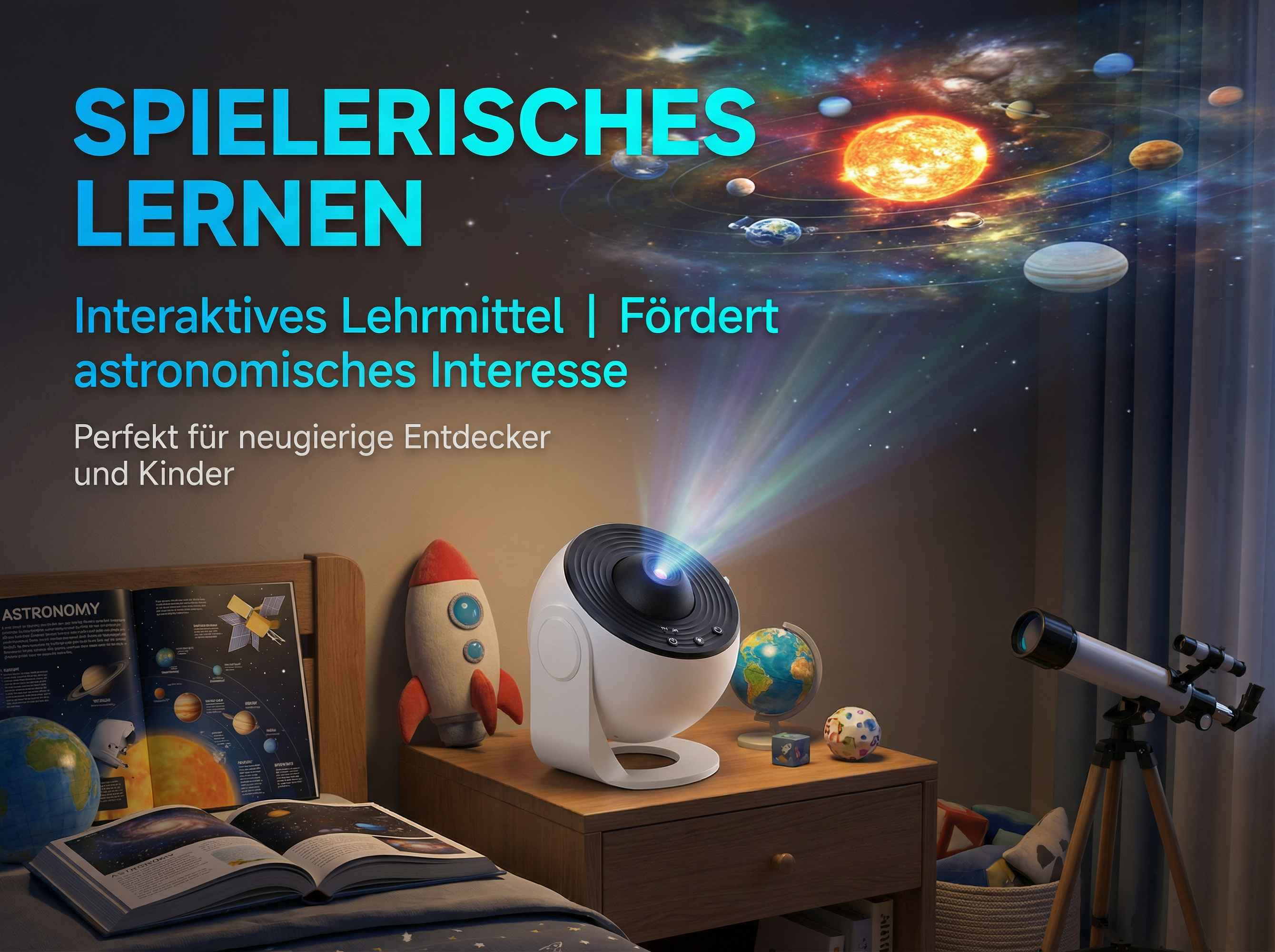 Ein Sternenprojektor im Kinderzimmer mit Büchern, Globus, Rakete und Teleskop.