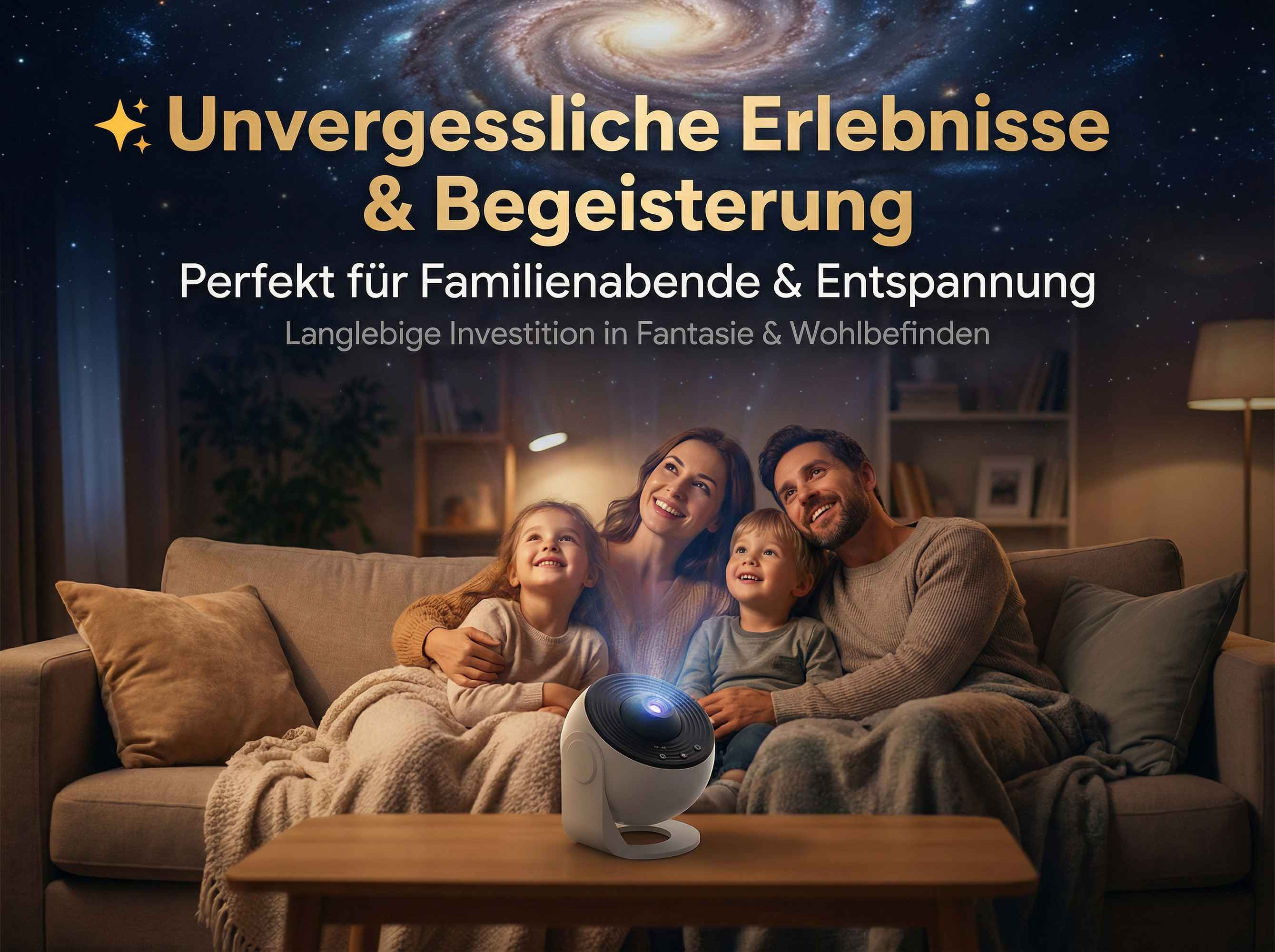 Familie schaut auf einen Sternenprojektor im Wohnzimmer bei Nacht.