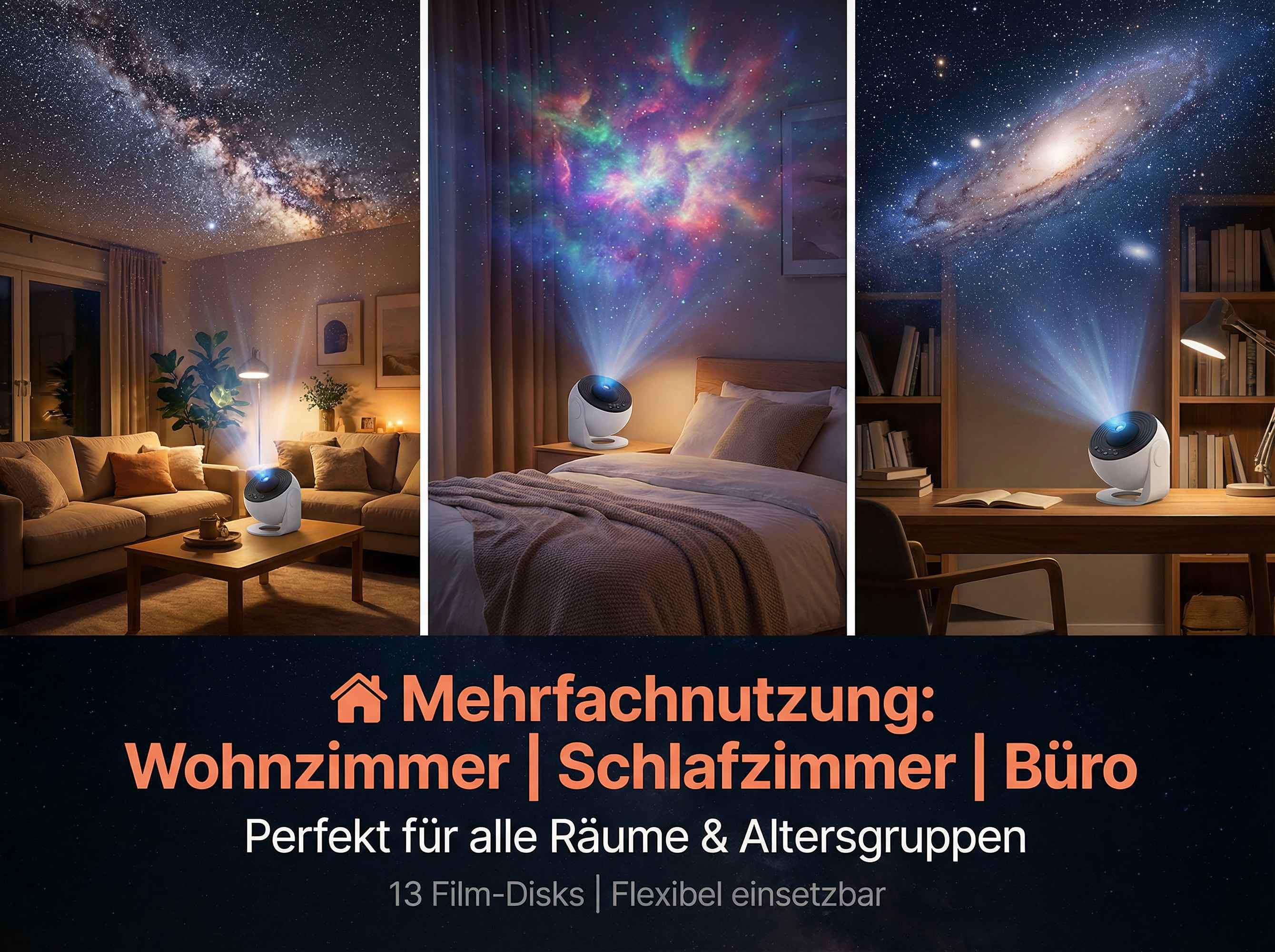 Sternenhimmel-Projektor in Wohnzimmer, Schlafzimmer und Büro.