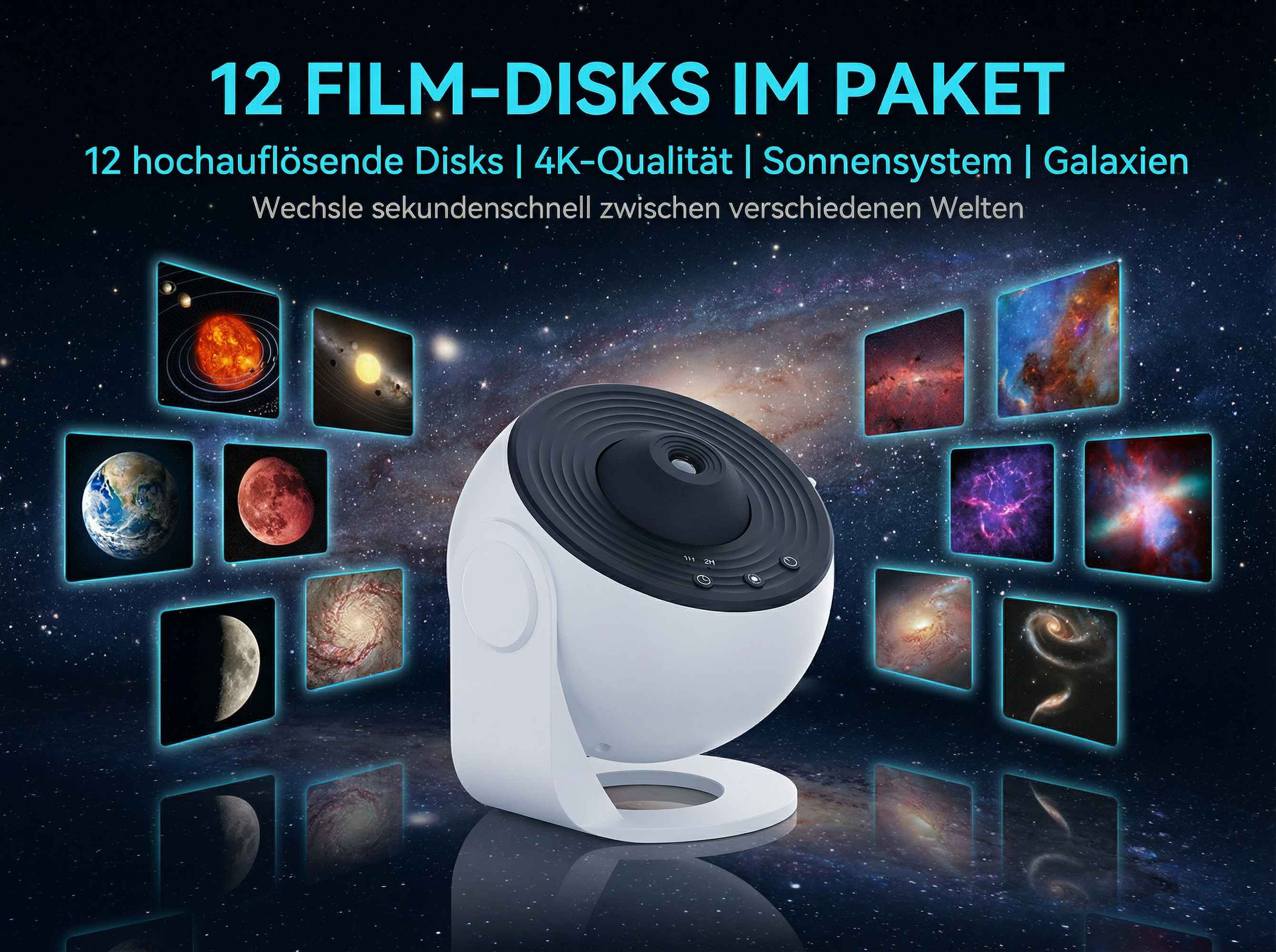 Projektor mit 12 Weltraum-Disks: Sonne, Erde, Mond, Galaxien.