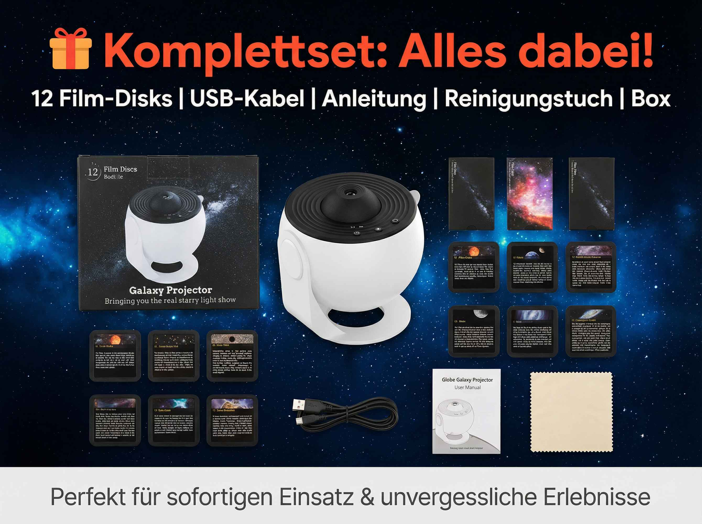 Ein Galaxy Projektor Set mit 12 Film Discs, USB-Kabel, Anleitung und Tuch.