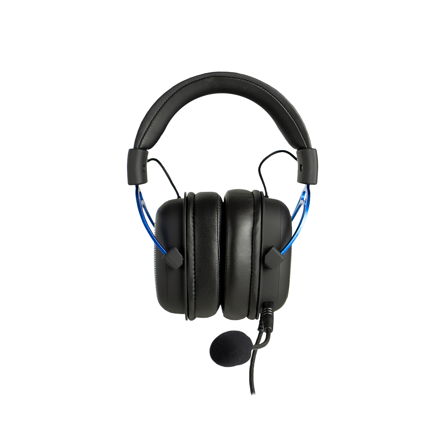 Auriculares negros con detalles azules y micrófono.