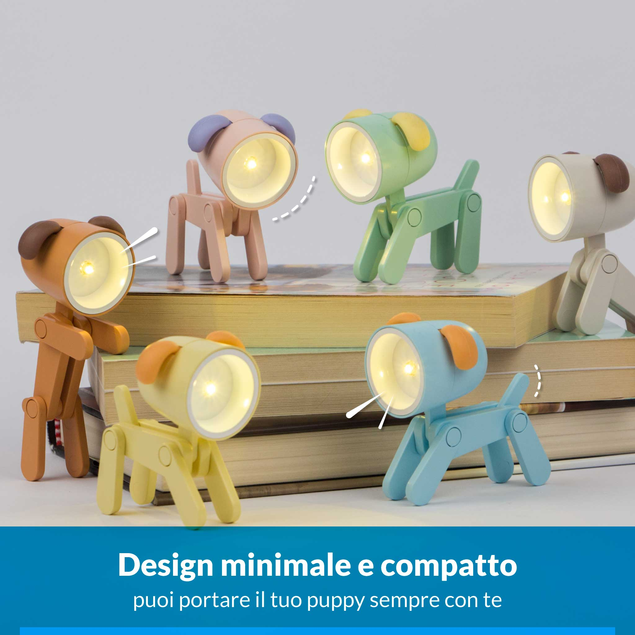 Sei abat jour notturni a forma di cane color pastello su libri.