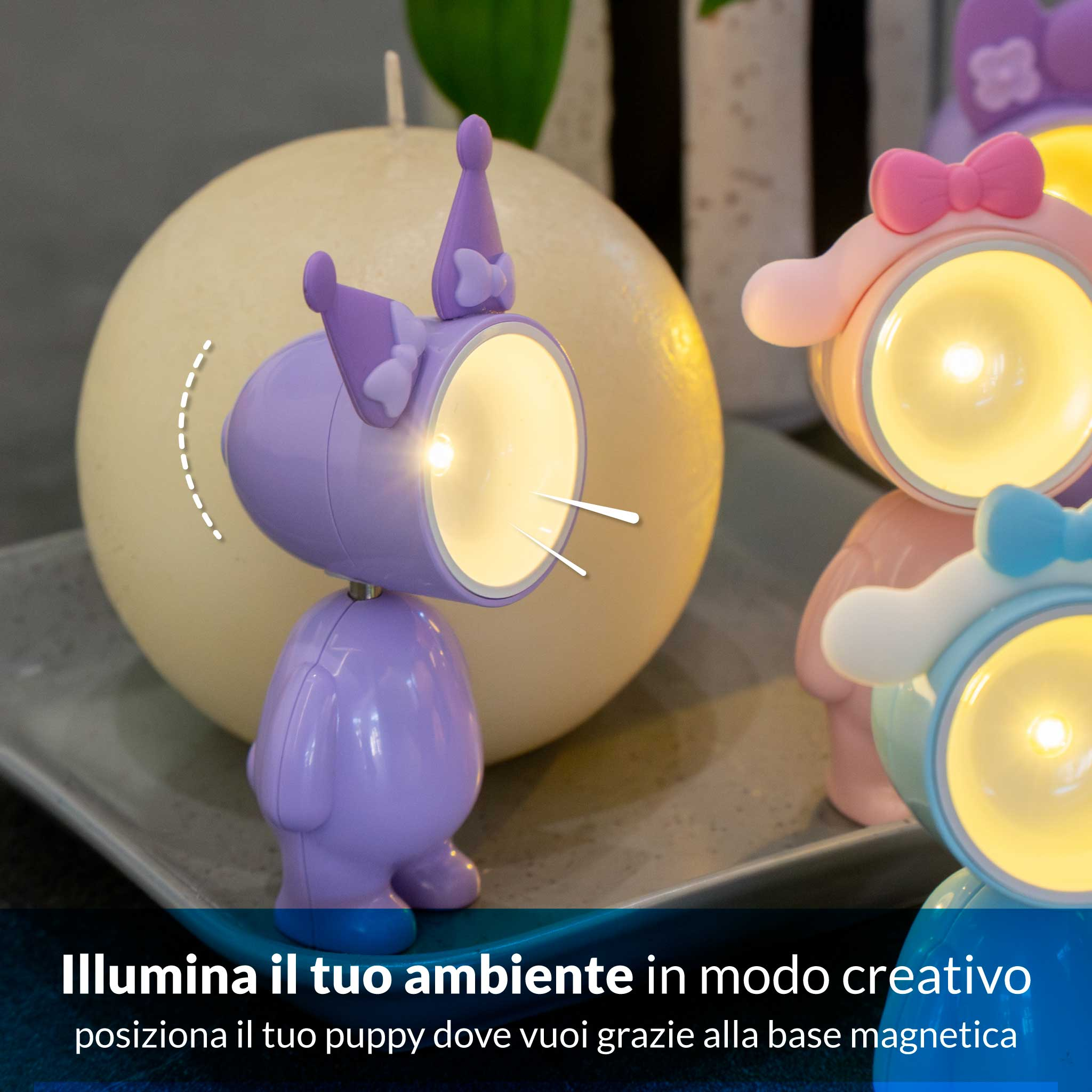 Lanterne notturne viola e rosa con fiocchi e luci. Candela grande sullo sfondo.