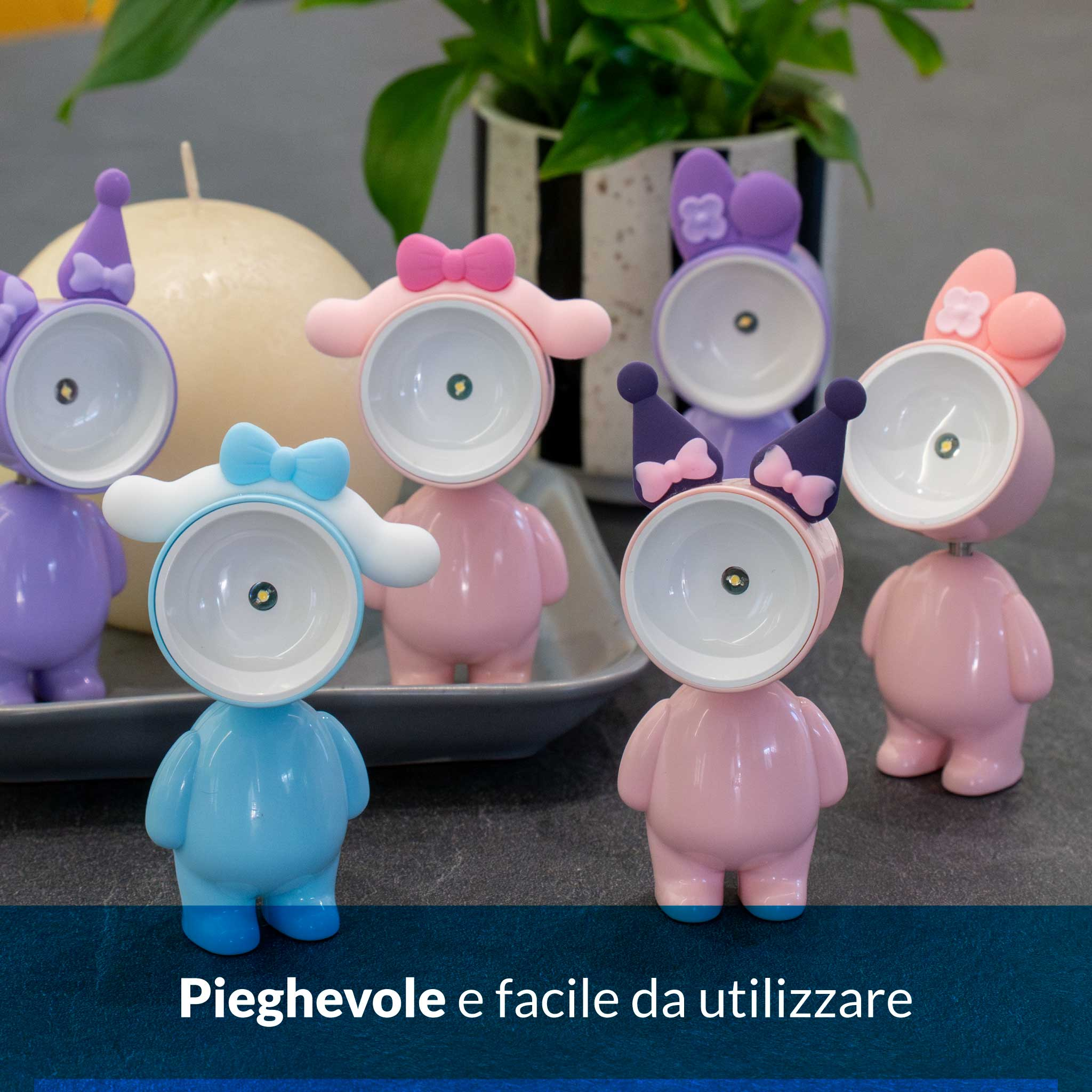 Diverse piccole lampade carine in rosa, blu e viola con fiocchi.