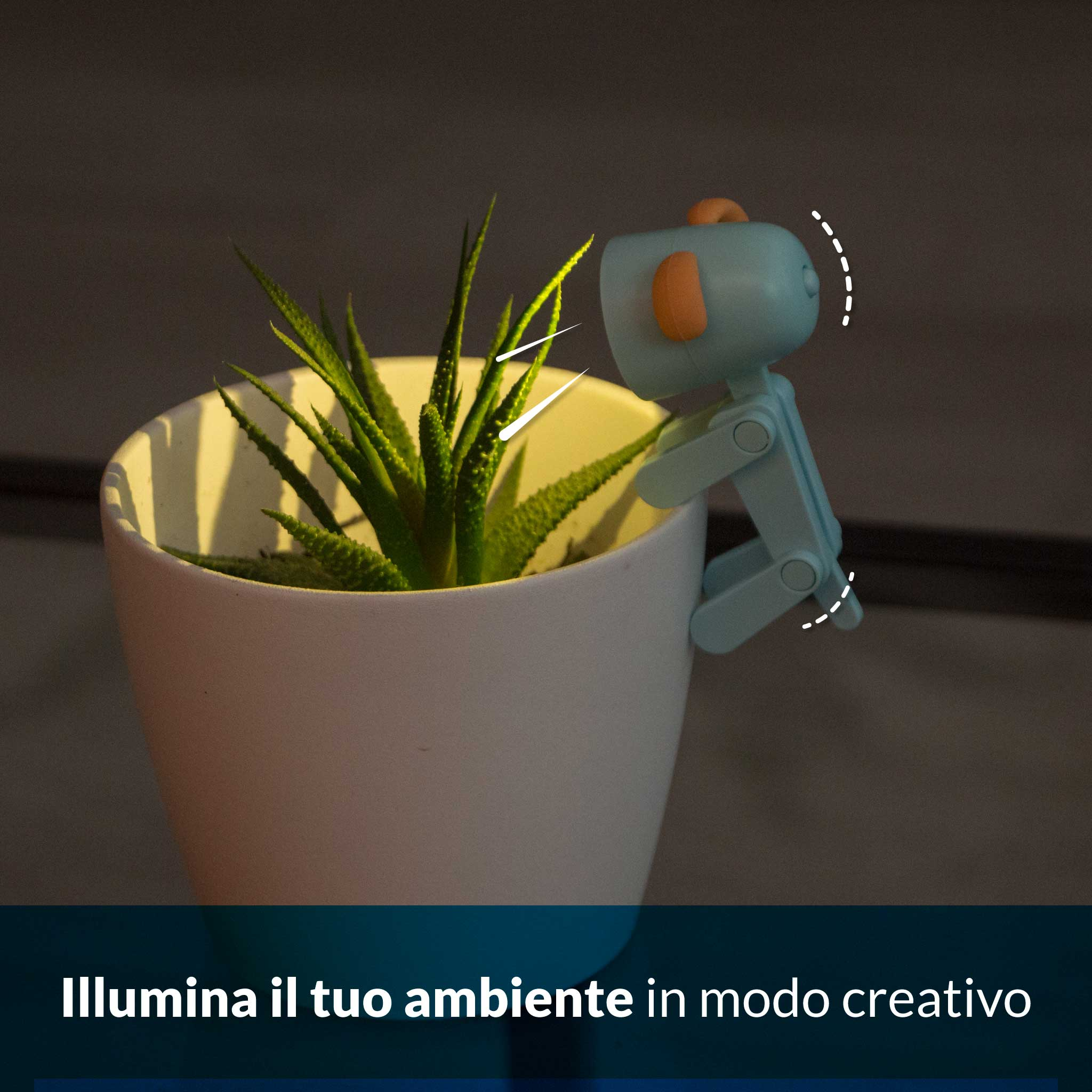 Un robot blu si arrampica su un vaso con una pianta verde.
