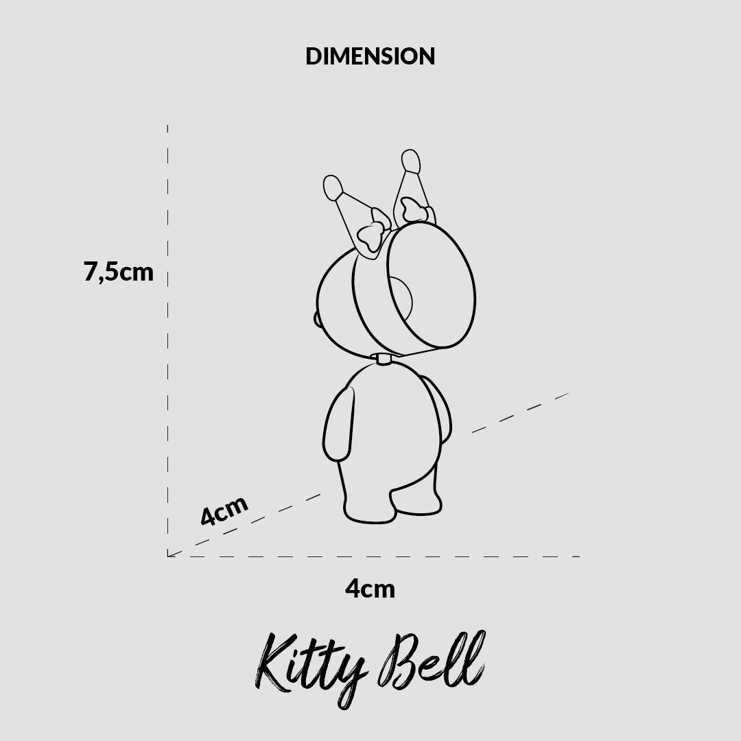 Disegno al tratto di un giocattolo "Kitty Bell" con dimensioni: 7,5 cm di altezza, 4 cm di larghezza.
