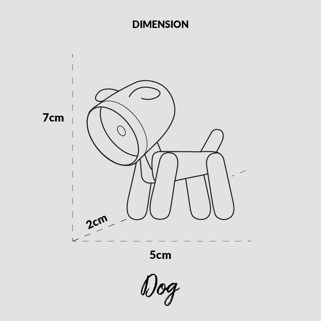 Illustrazione di un cane con dimensioni: 7cm altezza, 5cm lunghezza, 2cm larghezza.