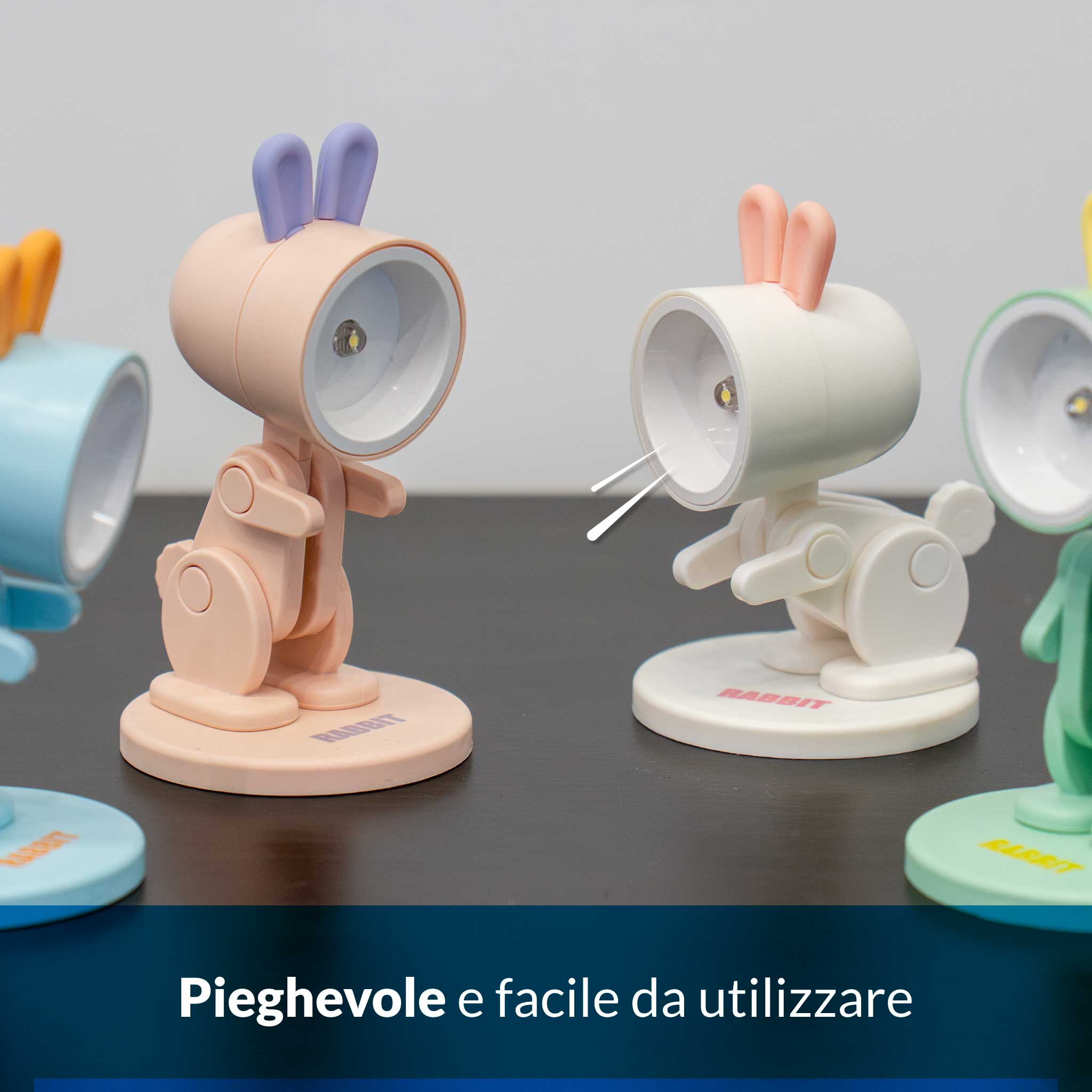 Diverse lampade da scrivania pastello a forma di coniglio.