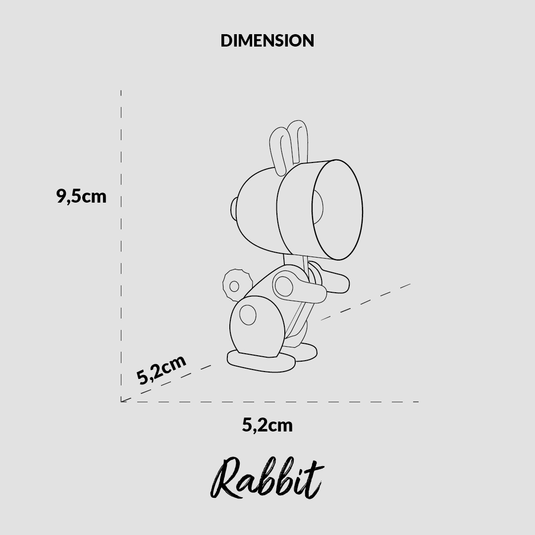 Un disegno al tratto di un coniglio giocattolo con dimensioni 9,5 cm e 5,2 cm.