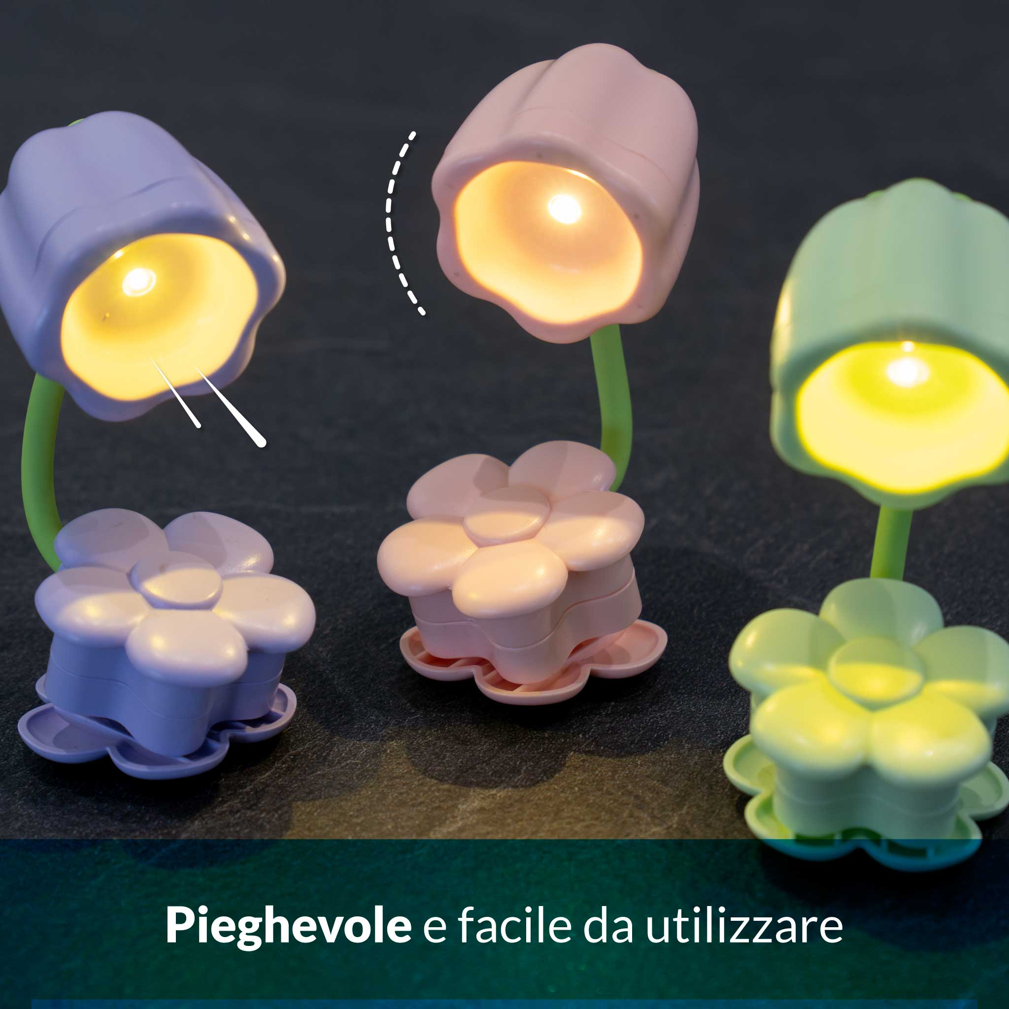 Tre lampade floreali colorate su sfondo scuro.