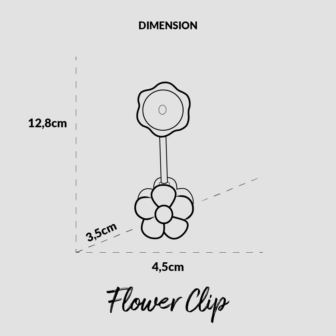 Un disegno al tratto di una clip a forma di fiore con dimensioni. L: 12,8 cm, L: 4,5 cm.