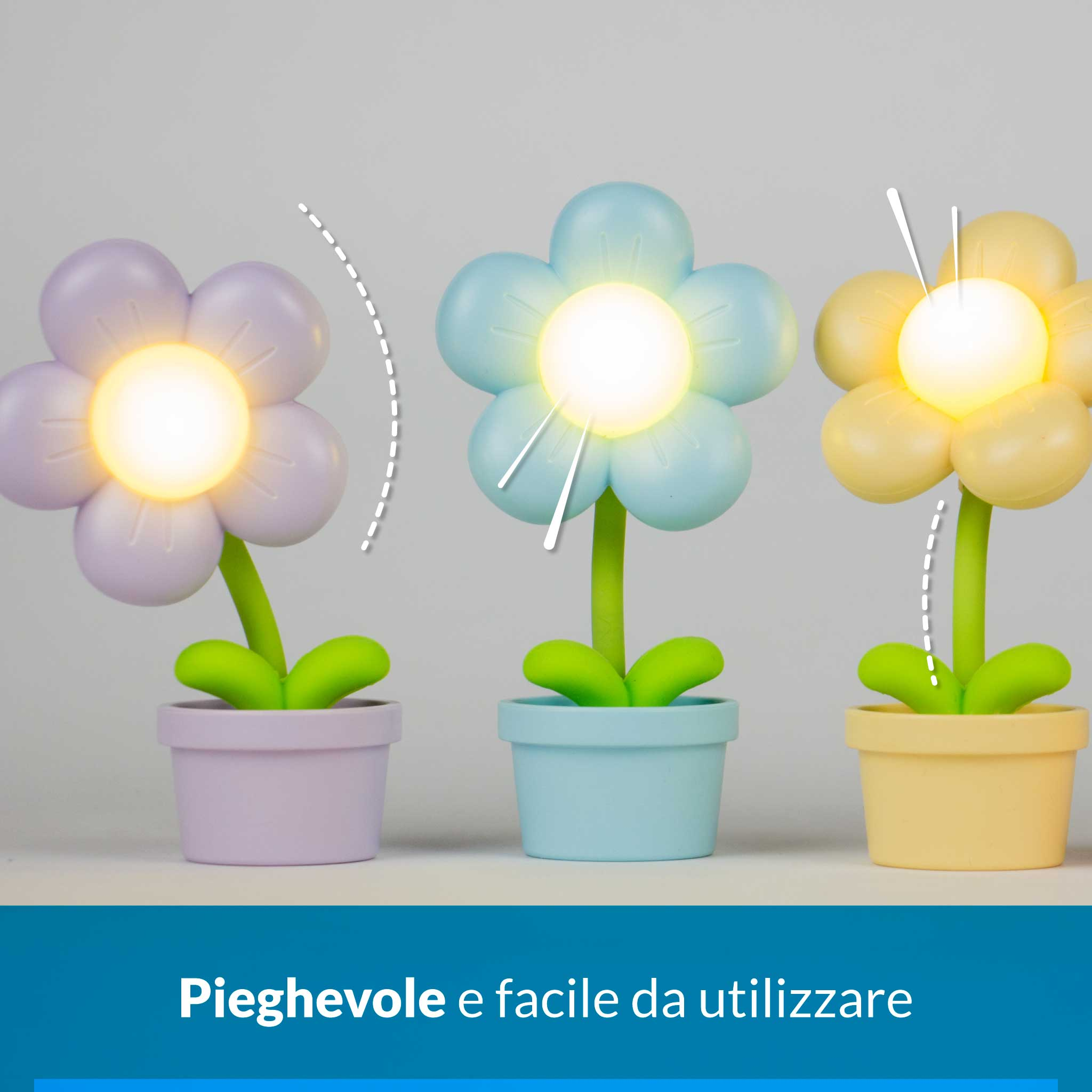 Tre lampade a forma di fiore, viola, blu e gialla, una accanto all'altra.