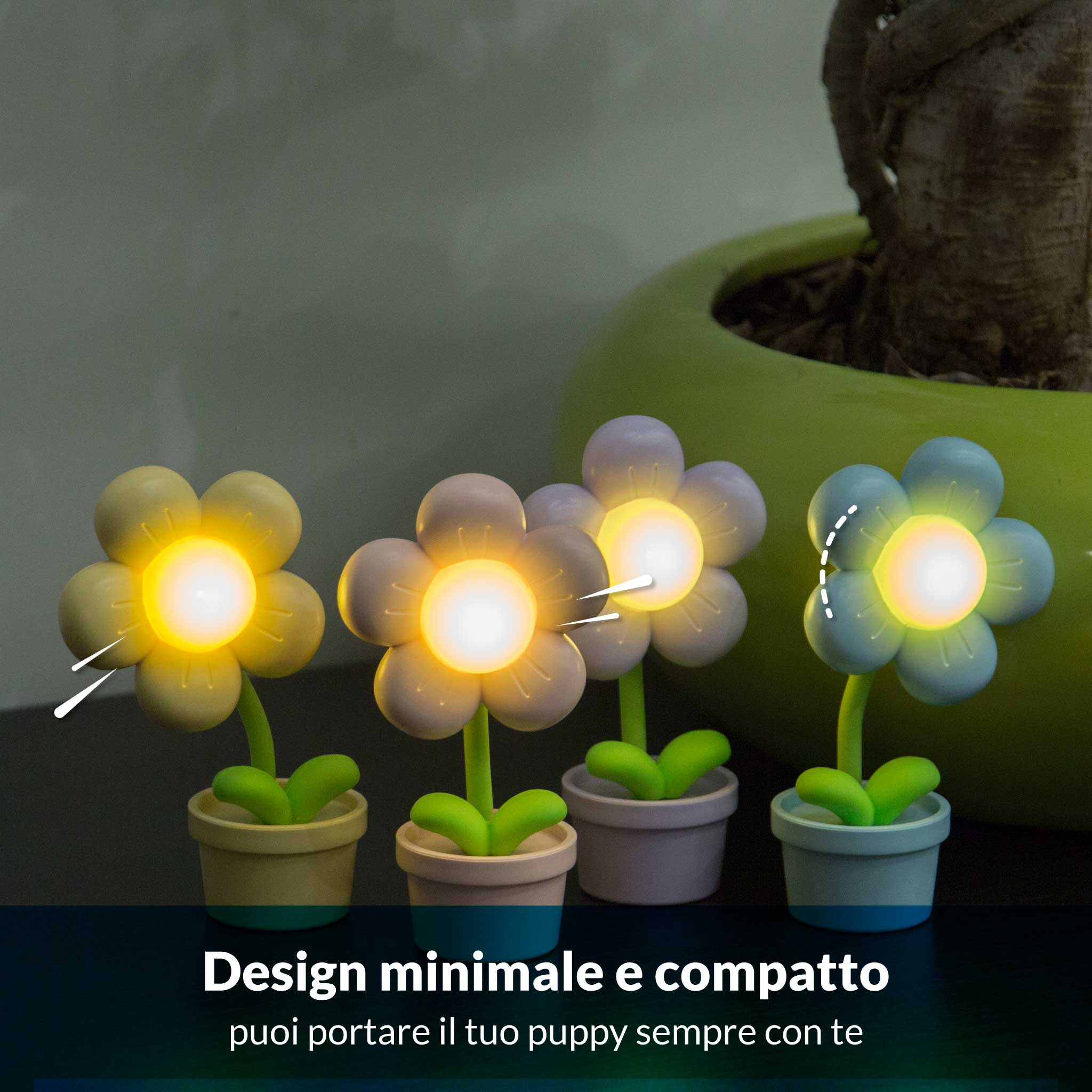 Quattro lampade a forma di fiore luminose in vaso, una gialla, due grigie, una blu.