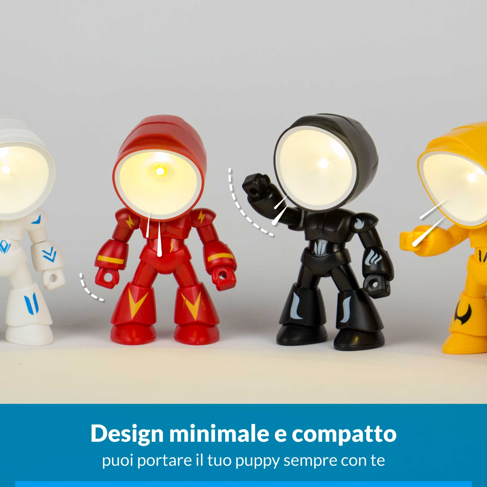 Quattro lampade robot bianche, rosse, nere e gialle in piedi una accanto all'altra.