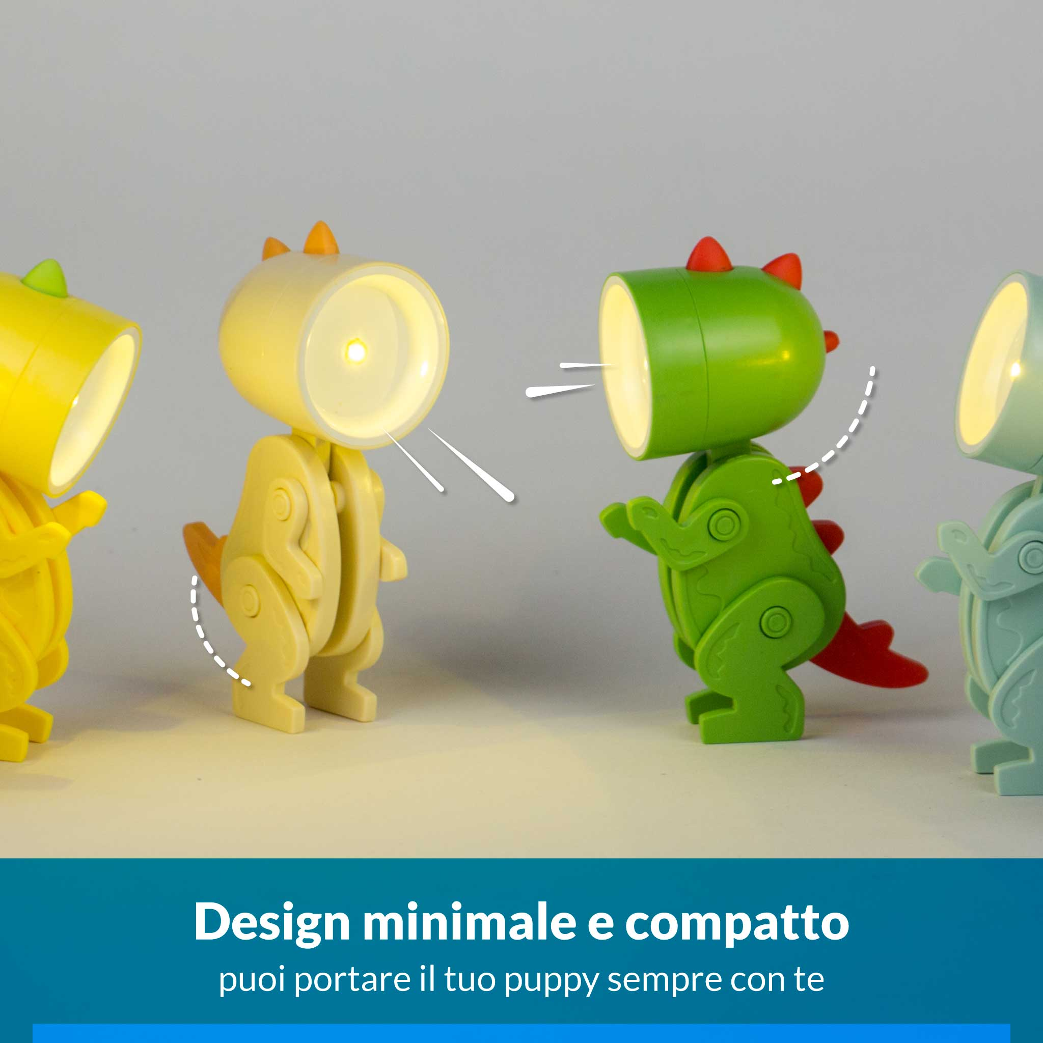 Quattro lampade a forma di dinosauro gialle, beige, verdi e blu su sfondo grigio.