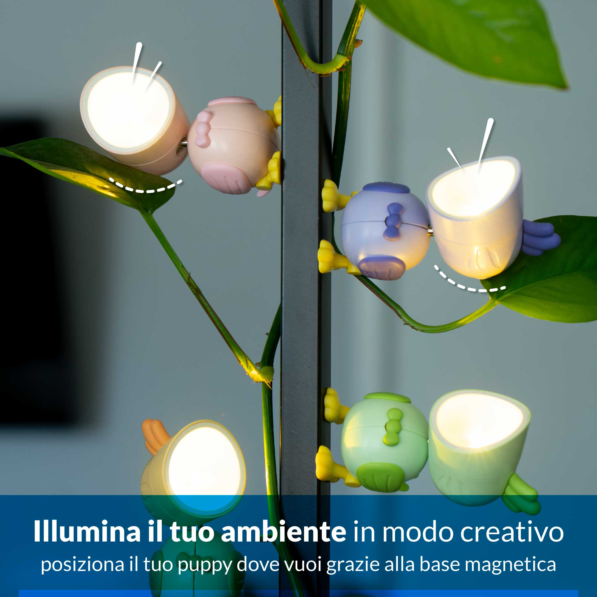 Carine lampade magnetiche a forma di cucciolo aggrappate al gambo di una pianta.